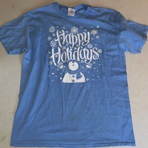 Womens Size Medium Gildan Blue Holiday Snowman T-Shirt.